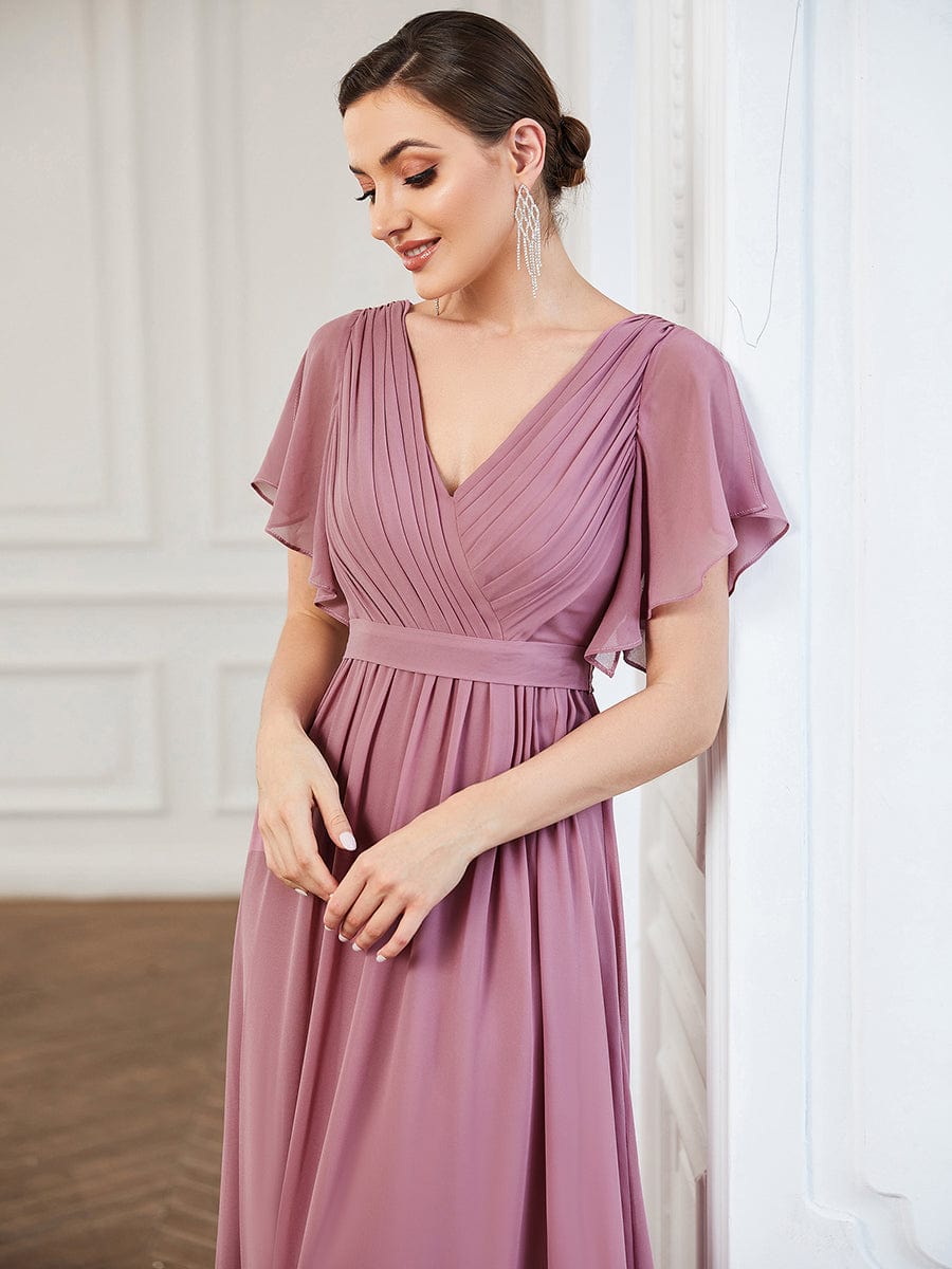 Custom Size V-Neck Flutter Sleeve Floor-Length A-Line Chiffon Evening Dress #color_Purple Orchid