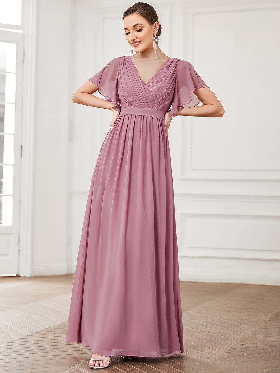 Custom Size V-Neck Flutter Sleeve Floor-Length A-Line Chiffon Evening Dress #color_Purple Orchid