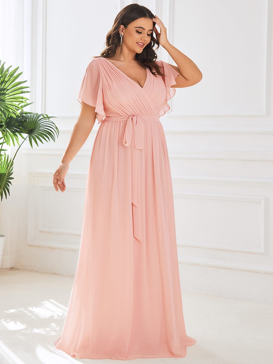 Custom Size V-Neck Flutter Sleeve Floor-Length A-Line Chiffon Evening Dress #color_Pink