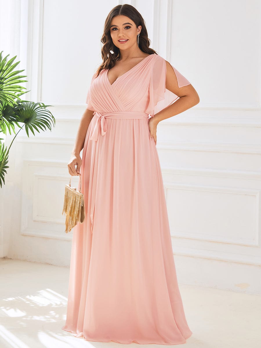 Plus Size Floor-Length Chiffon Evening Dress V-Neck Maxi #color_Pink