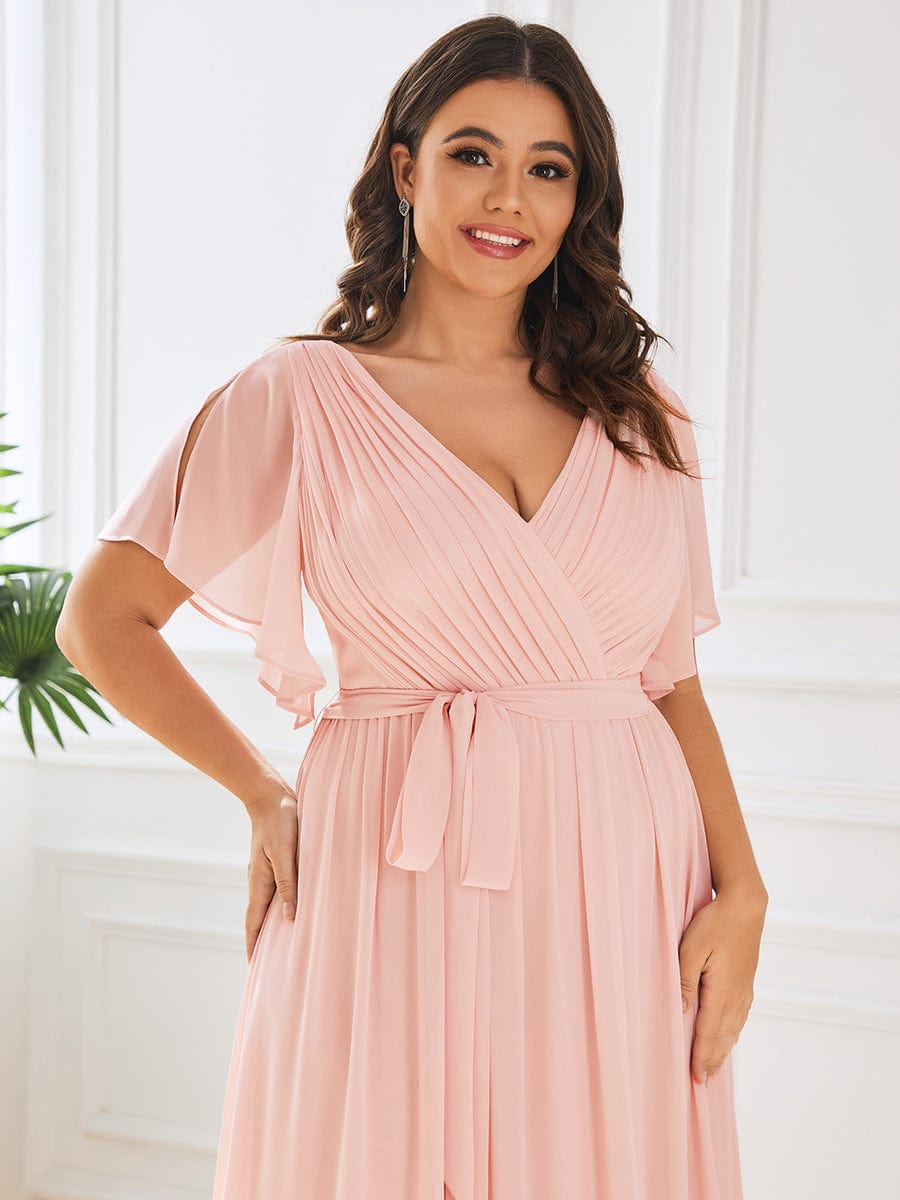 Plus Size Floor-Length Chiffon Evening Dress V-Neck Maxi #color_Pink