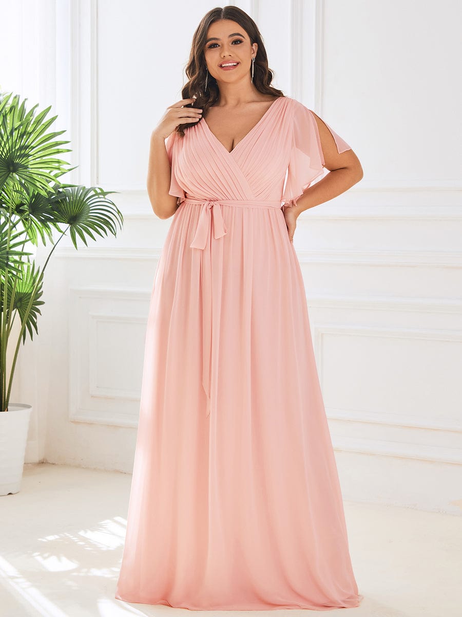 Custom Size V-Neck Flutter Sleeve Floor-Length A-Line Chiffon Evening Dress #color_Pink