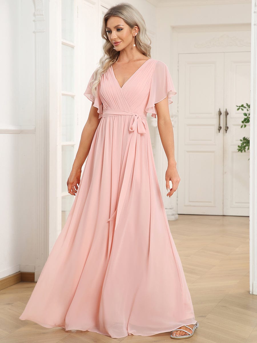 Custom Size V-Neck Flutter Sleeve Floor-Length A-Line Chiffon Evening Dress #color_Pink