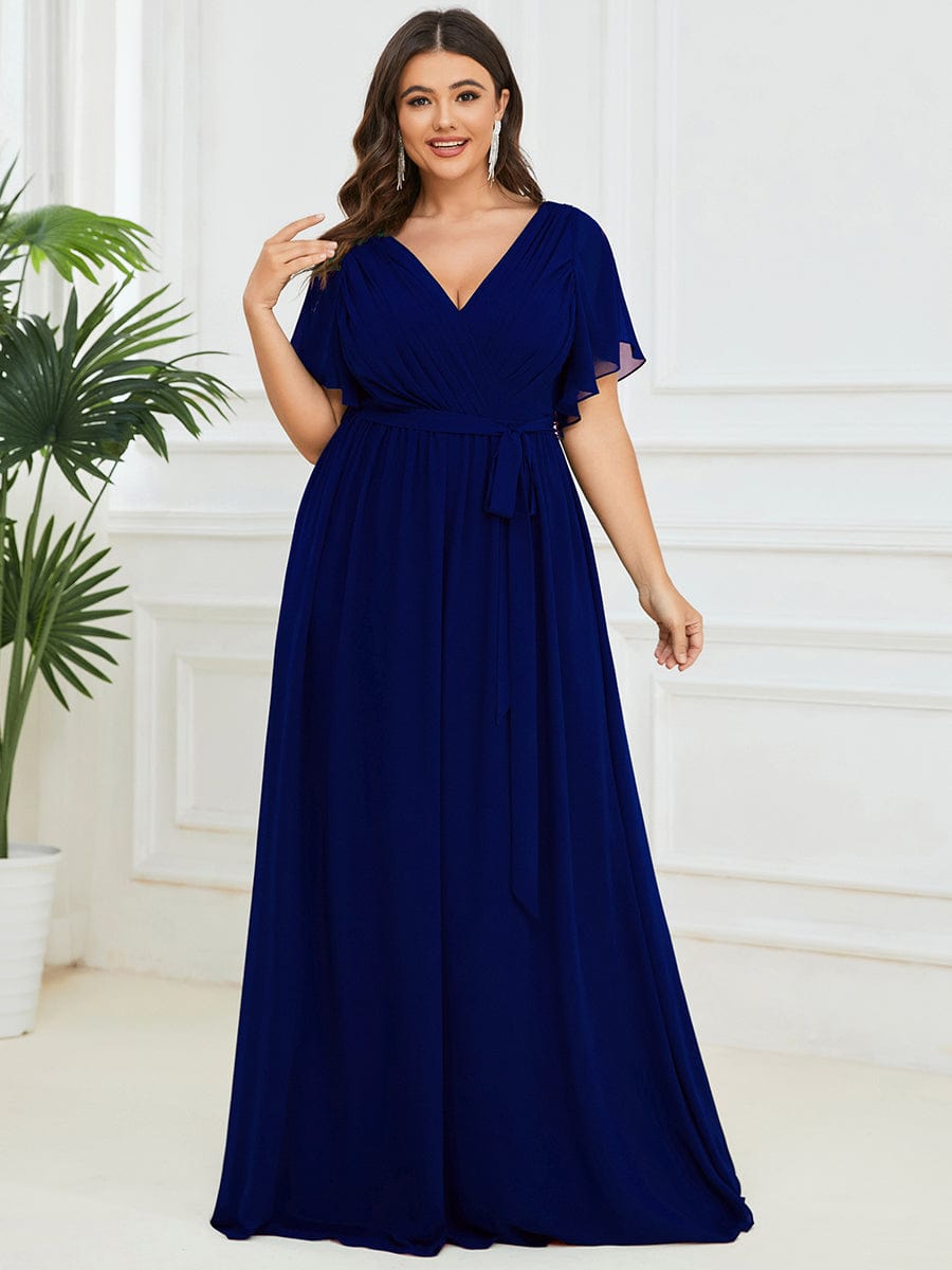 Custom Size V-Neck Flutter Sleeve Floor-Length A-Line Chiffon Evening Dress #color_Royal Blue