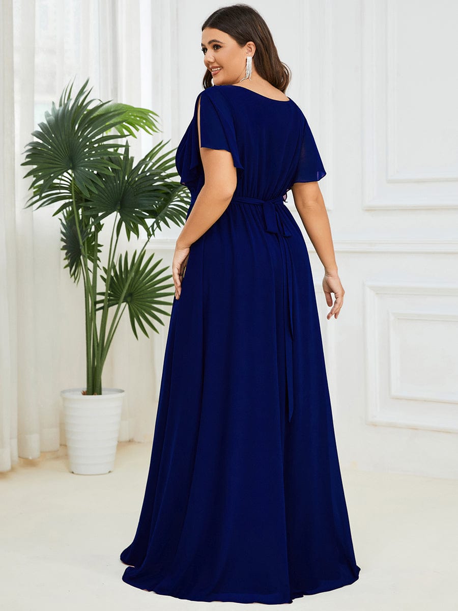 Custom Size V-Neck Flutter Sleeve Floor-Length A-Line Chiffon Evening Dress #color_Royal Blue