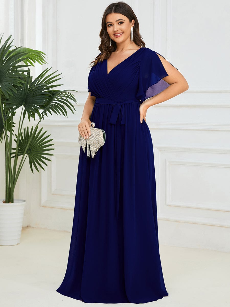 Custom Size V-Neck Flutter Sleeve Floor-Length A-Line Chiffon Evening Dress #color_Royal Blue