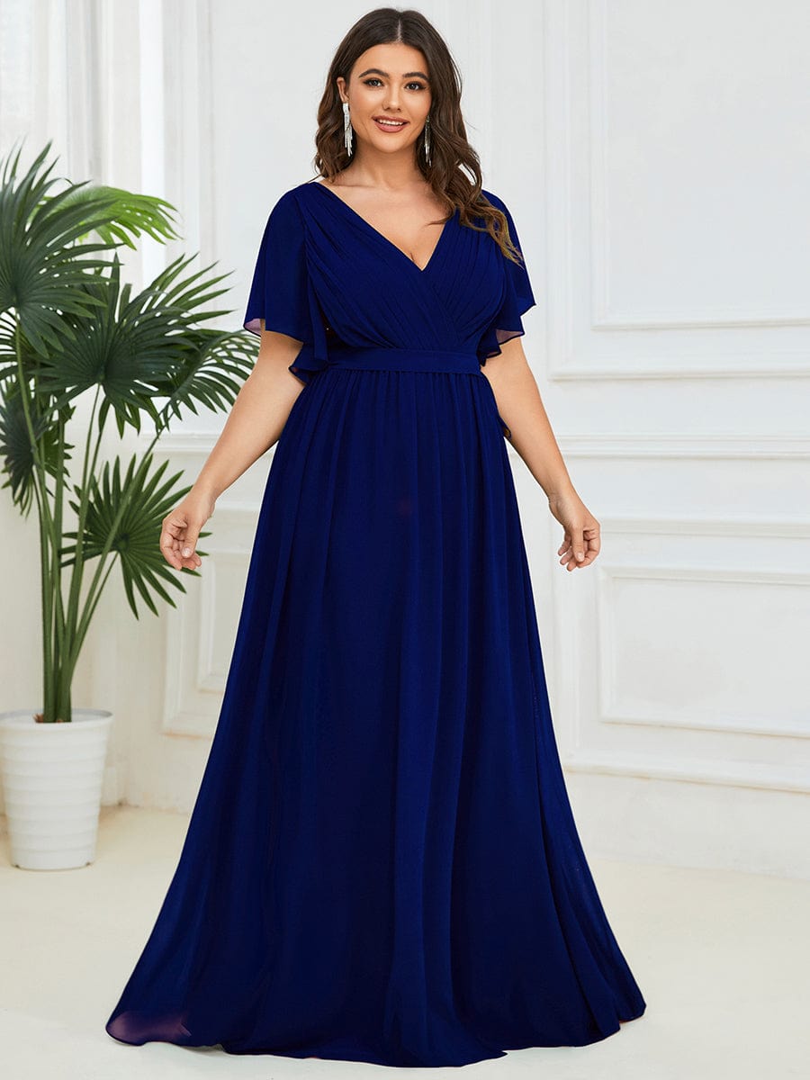 Custom Size V-Neck Flutter Sleeve Floor-Length A-Line Chiffon Evening Dress #color_Royal Blue