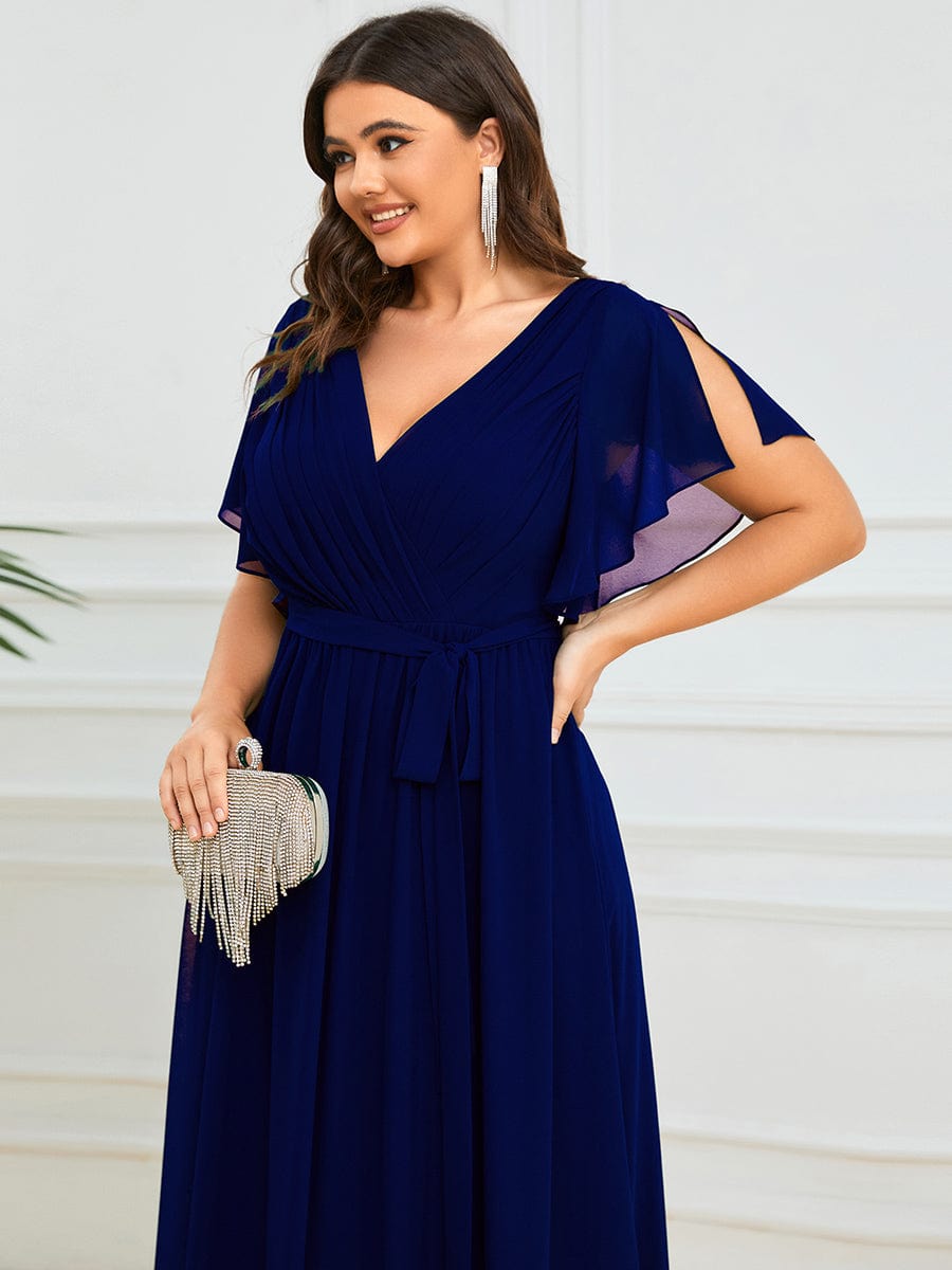 Custom Size V-Neck Flutter Sleeve Floor-Length A-Line Chiffon Evening Dress #color_Royal Blue