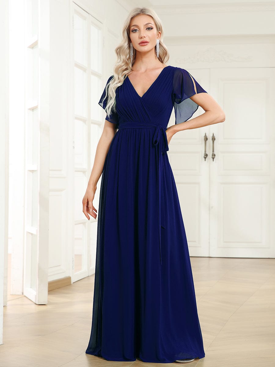 Custom Size V-Neck Flutter Sleeve Floor-Length A-Line Chiffon Evening Dress #color_Royal Blue