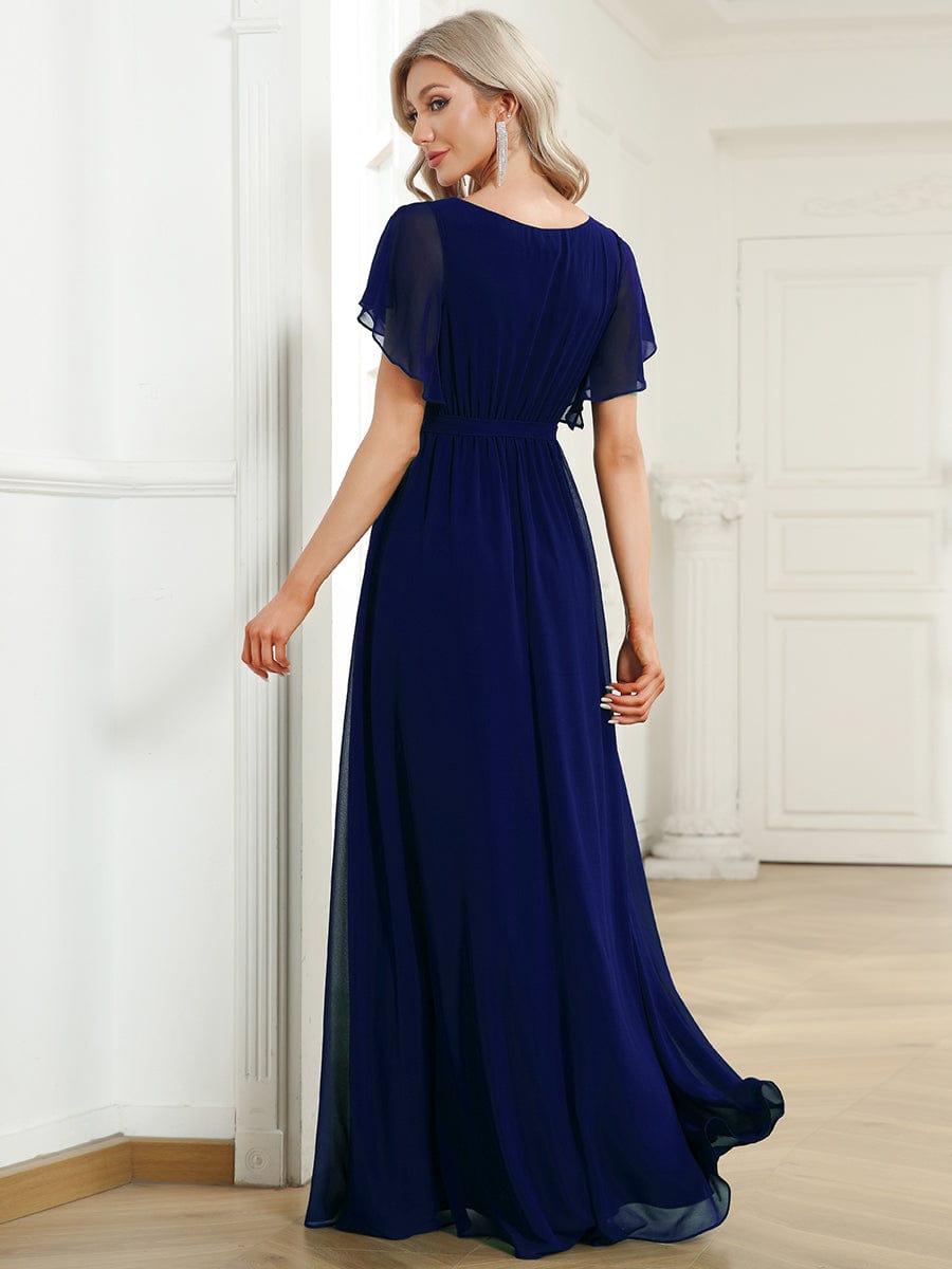 Custom Size V-Neck Flutter Sleeve Floor-Length A-Line Chiffon Evening Dress #color_Royal Blue