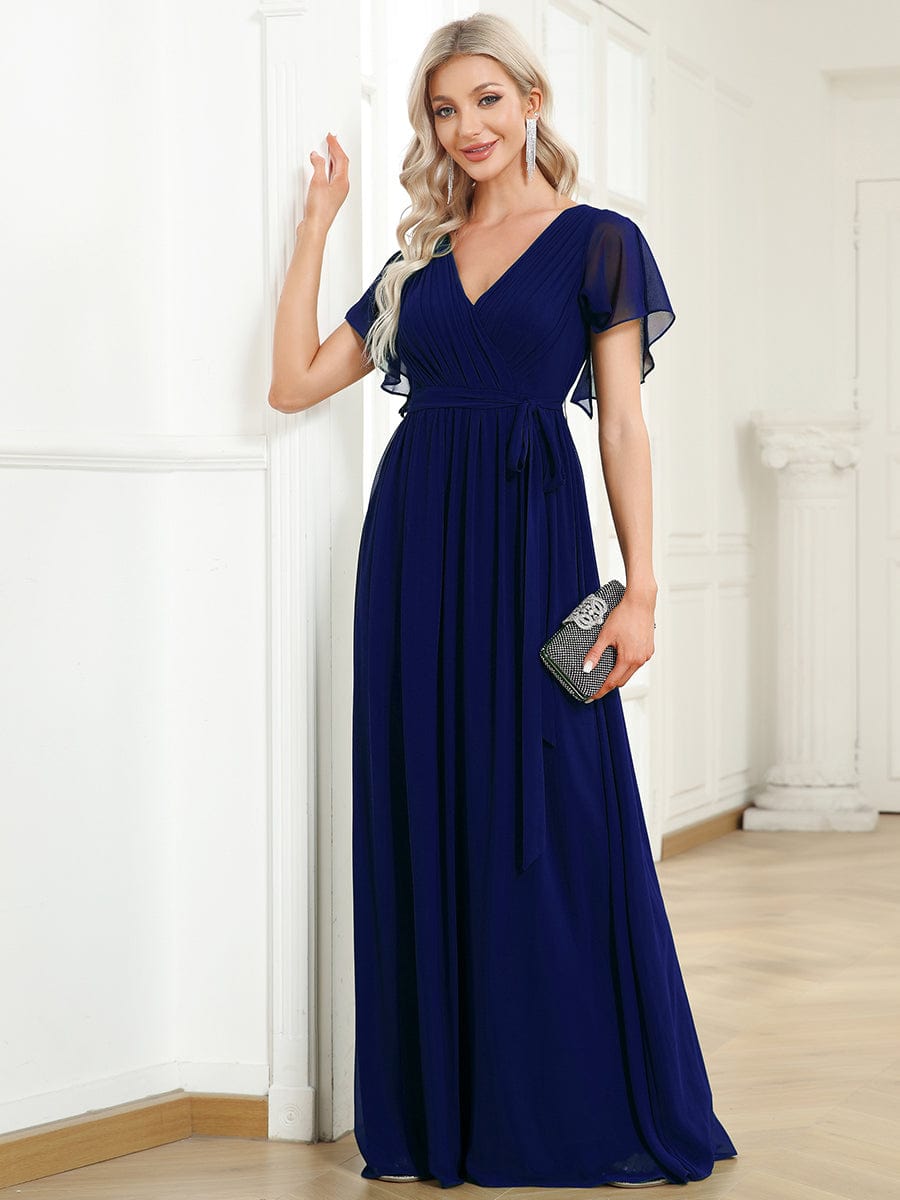 Custom Size V-Neck Flutter Sleeve Floor-Length A-Line Chiffon Evening Dress #color_Royal Blue