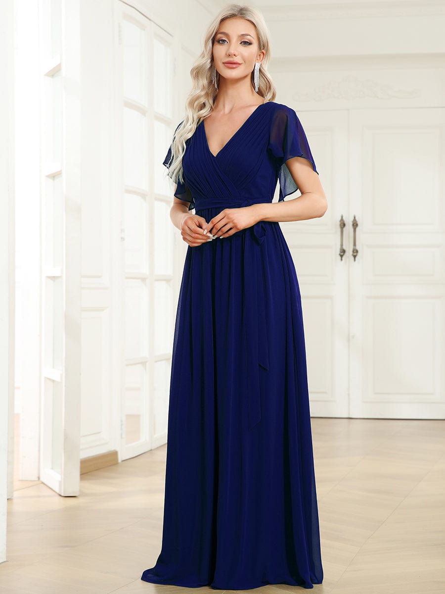 Custom Size V-Neck Flutter Sleeve Floor-Length A-Line Chiffon Evening Dress #color_Royal Blue