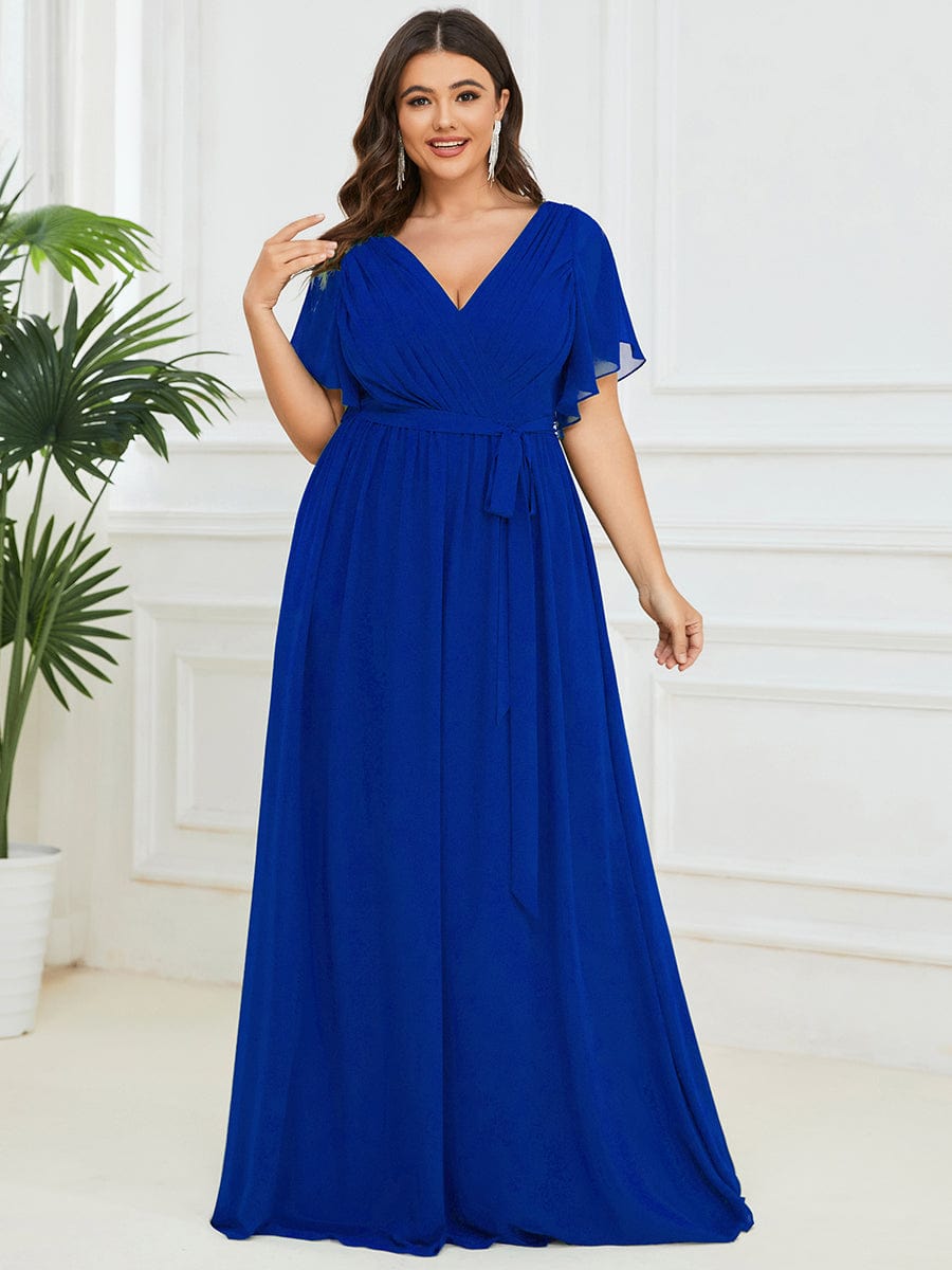 Custom Size V-Neck Flutter Sleeve Floor-Length A-Line Chiffon Evening Dress #color_Sapphire Blue