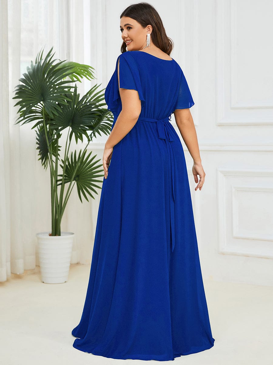 Custom Size V-Neck Flutter Sleeve Floor-Length A-Line Chiffon Evening Dress #color_Sapphire Blue