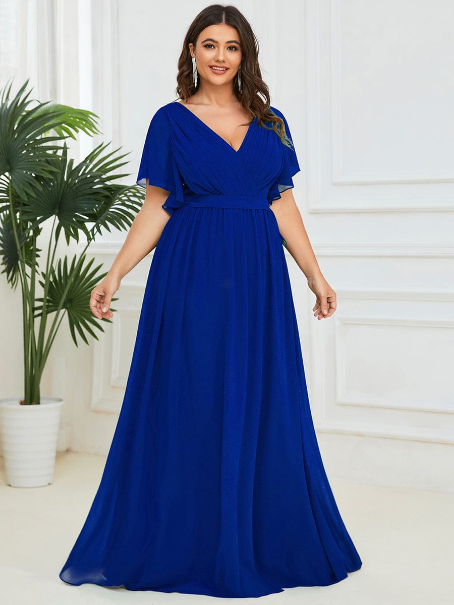 Custom Size V-Neck Flutter Sleeve Floor-Length A-Line Chiffon Evening Dress #color_Sapphire Blue