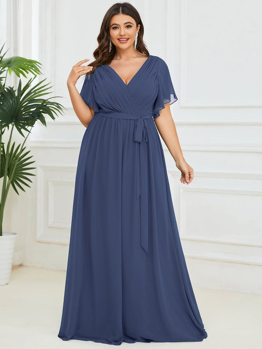 Custom Size V-Neck Flutter Sleeve Floor-Length A-Line Chiffon Evening Dress #color_Stormy