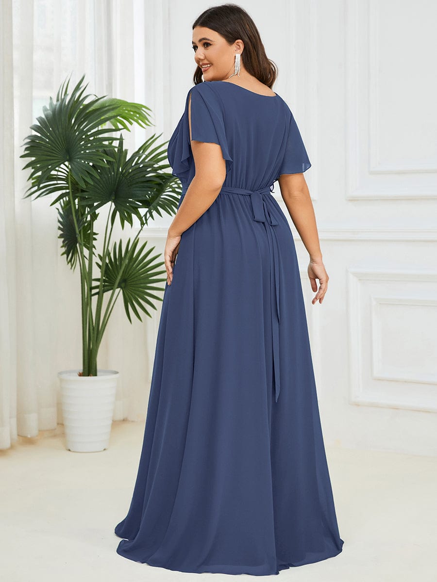 Custom Size V-Neck Flutter Sleeve Floor-Length A-Line Chiffon Evening Dress #color_Stormy