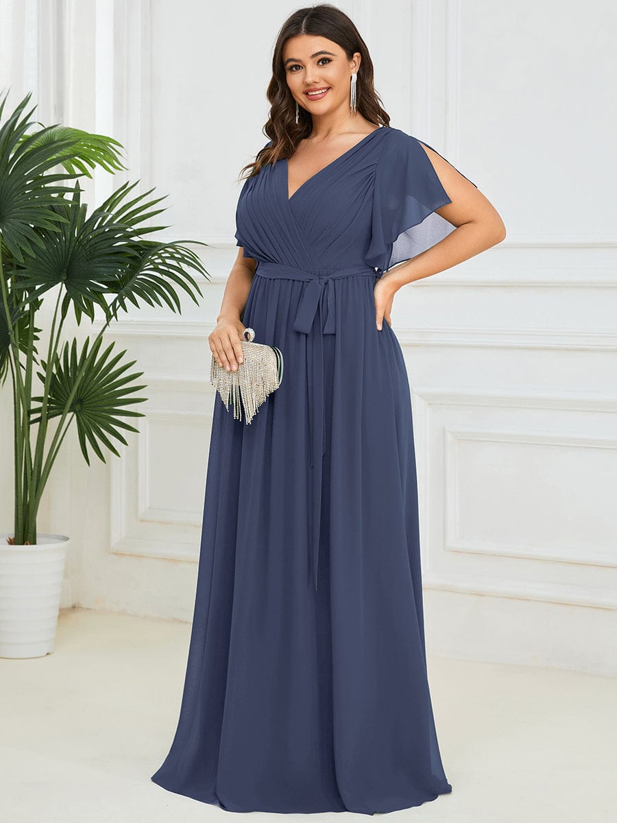 Custom Size V-Neck Flutter Sleeve Floor-Length A-Line Chiffon Evening Dress #color_Stormy