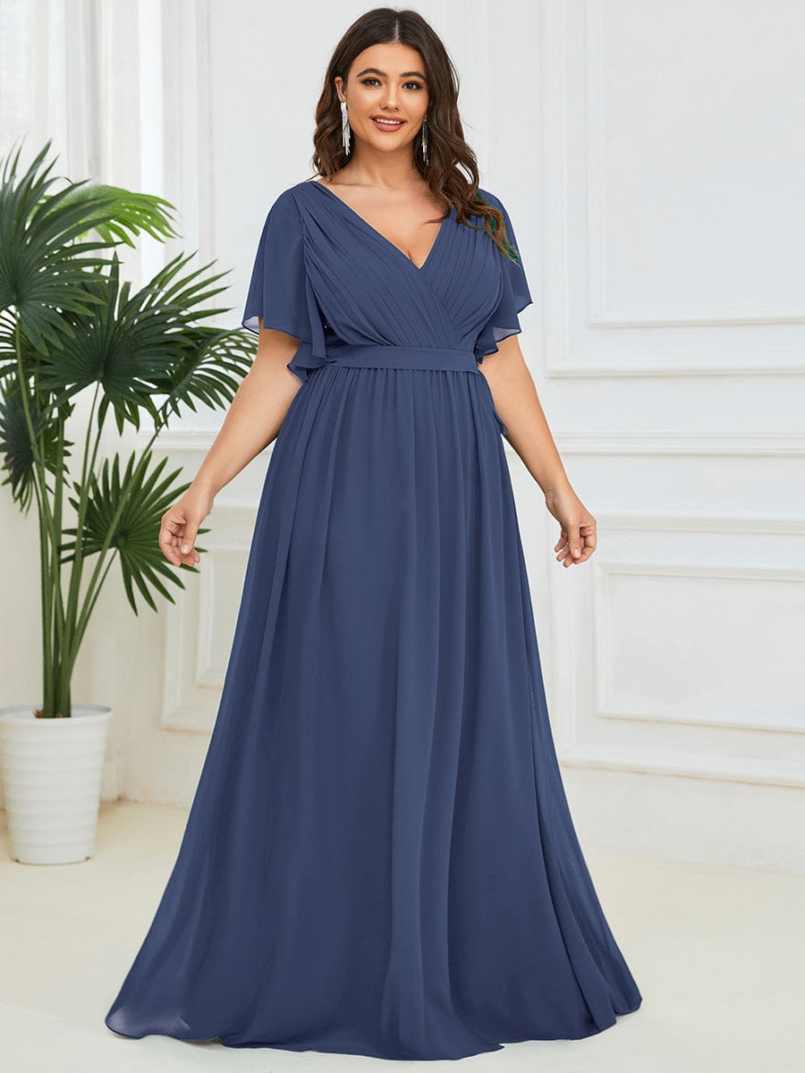 Custom Size V-Neck Flutter Sleeve Floor-Length A-Line Chiffon Evening Dress #color_Stormy