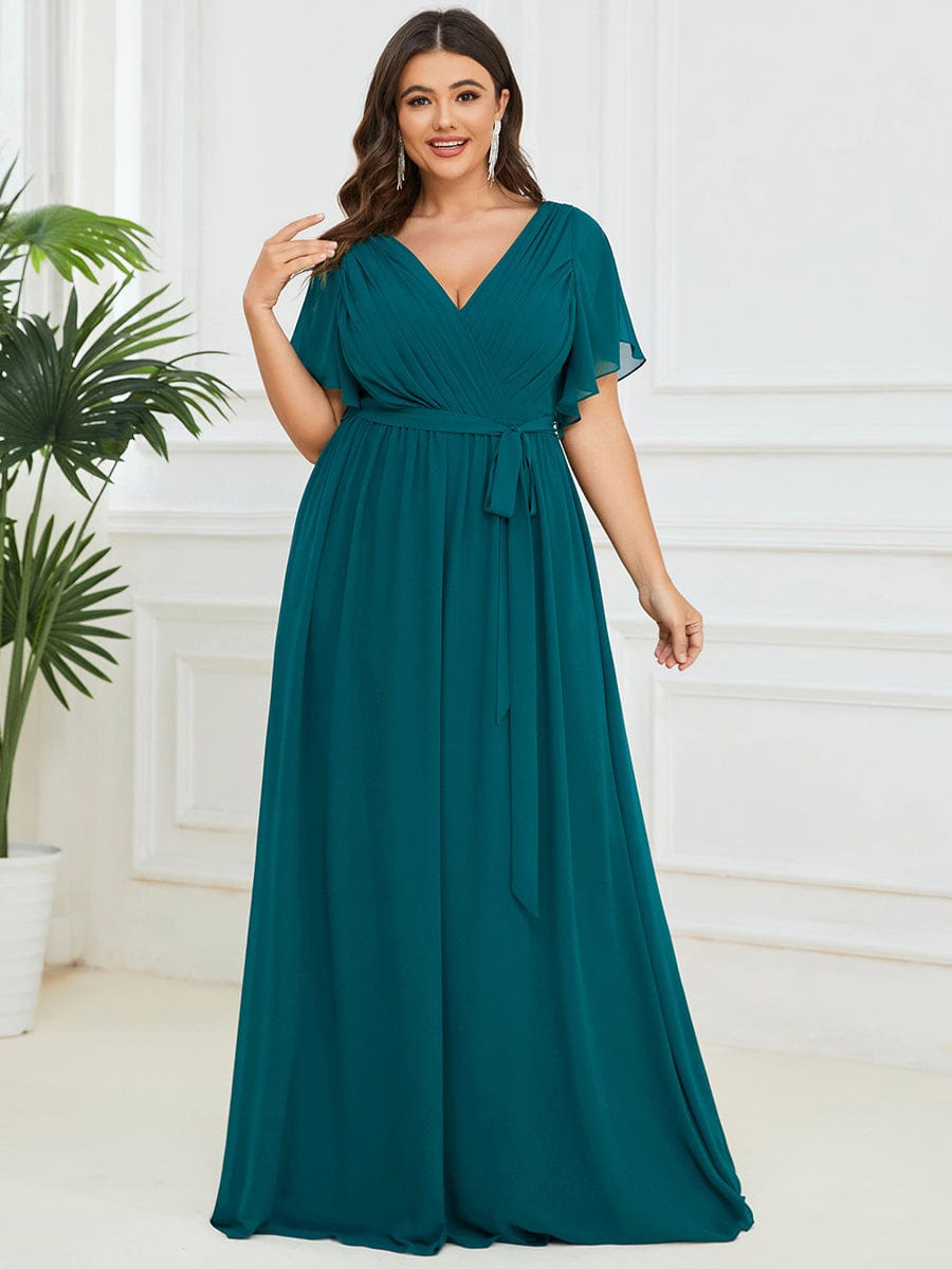 Custom Size V-Neck Flutter Sleeve Floor-Length A-Line Chiffon Evening Dress #color_Teal