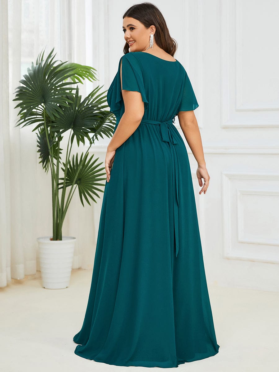 Custom Size V-Neck Flutter Sleeve Floor-Length A-Line Chiffon Evening Dress #color_Teal