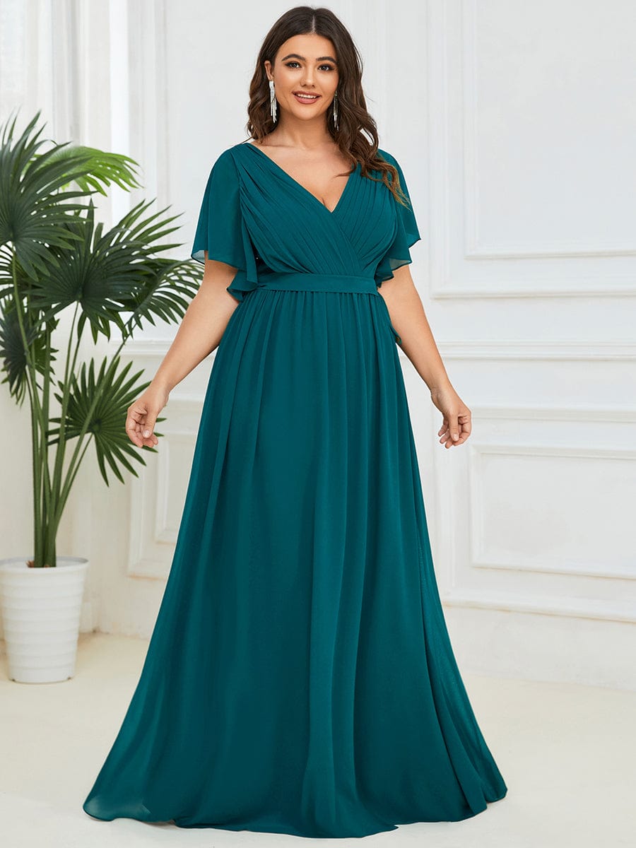 Custom Size V-Neck Flutter Sleeve Floor-Length A-Line Chiffon Evening Dress #color_Teal