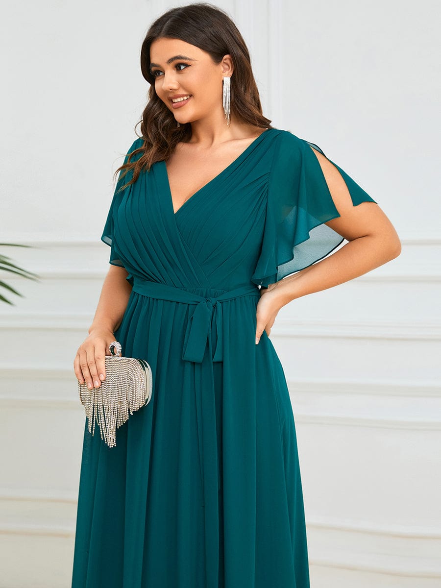 Custom Size V-Neck Flutter Sleeve Floor-Length A-Line Chiffon Evening Dress #color_Teal