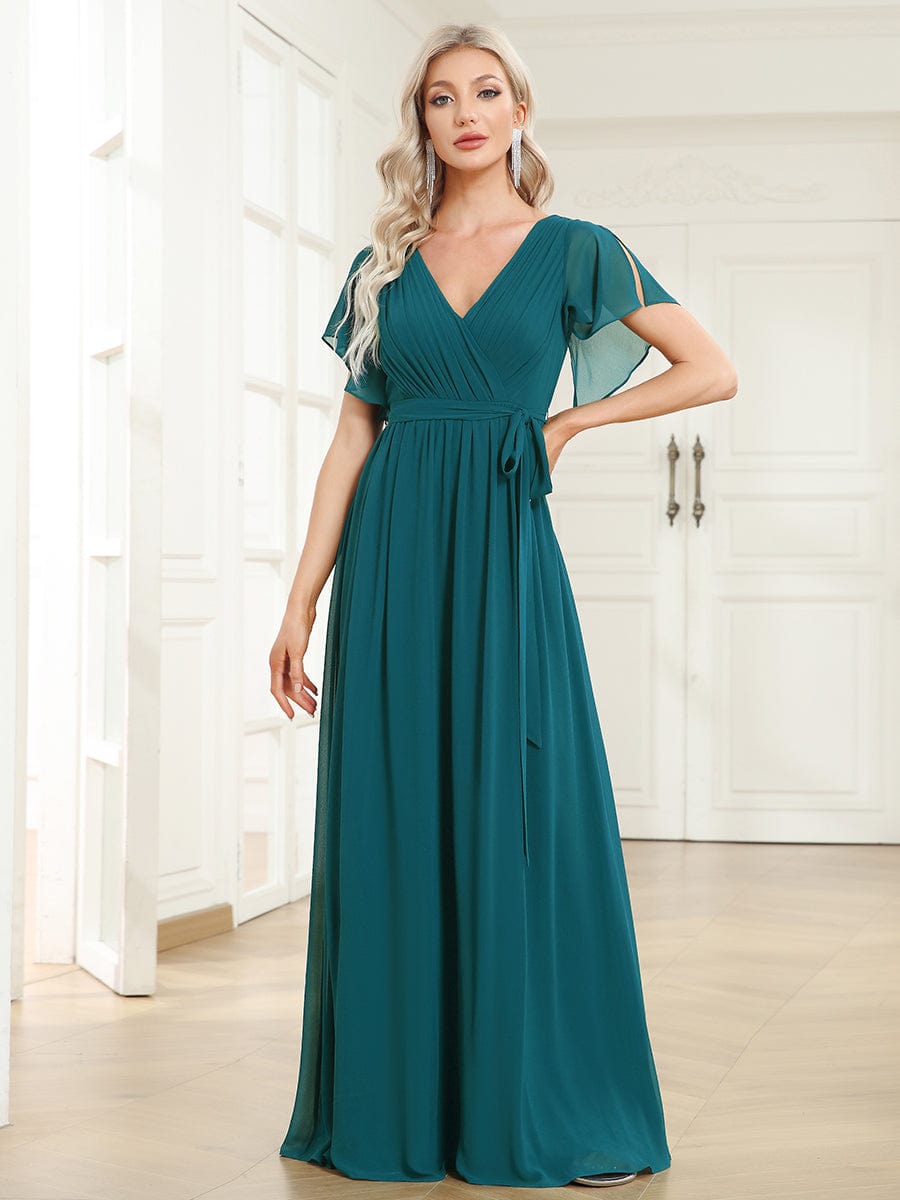 Custom Size V-Neck Flutter Sleeve Floor-Length A-Line Chiffon Evening Dress #color_Teal