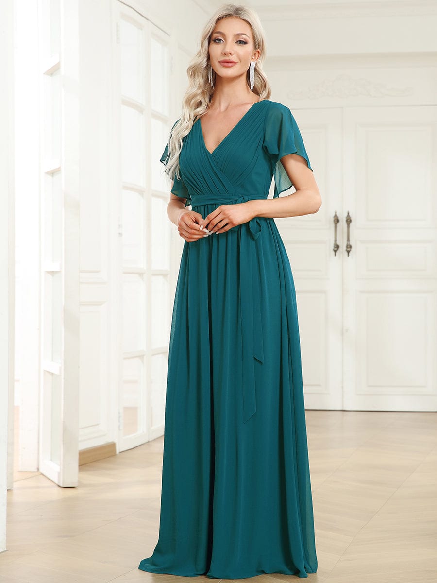 Custom Size V-Neck Flutter Sleeve Floor-Length A-Line Chiffon Evening Dress #color_Teal