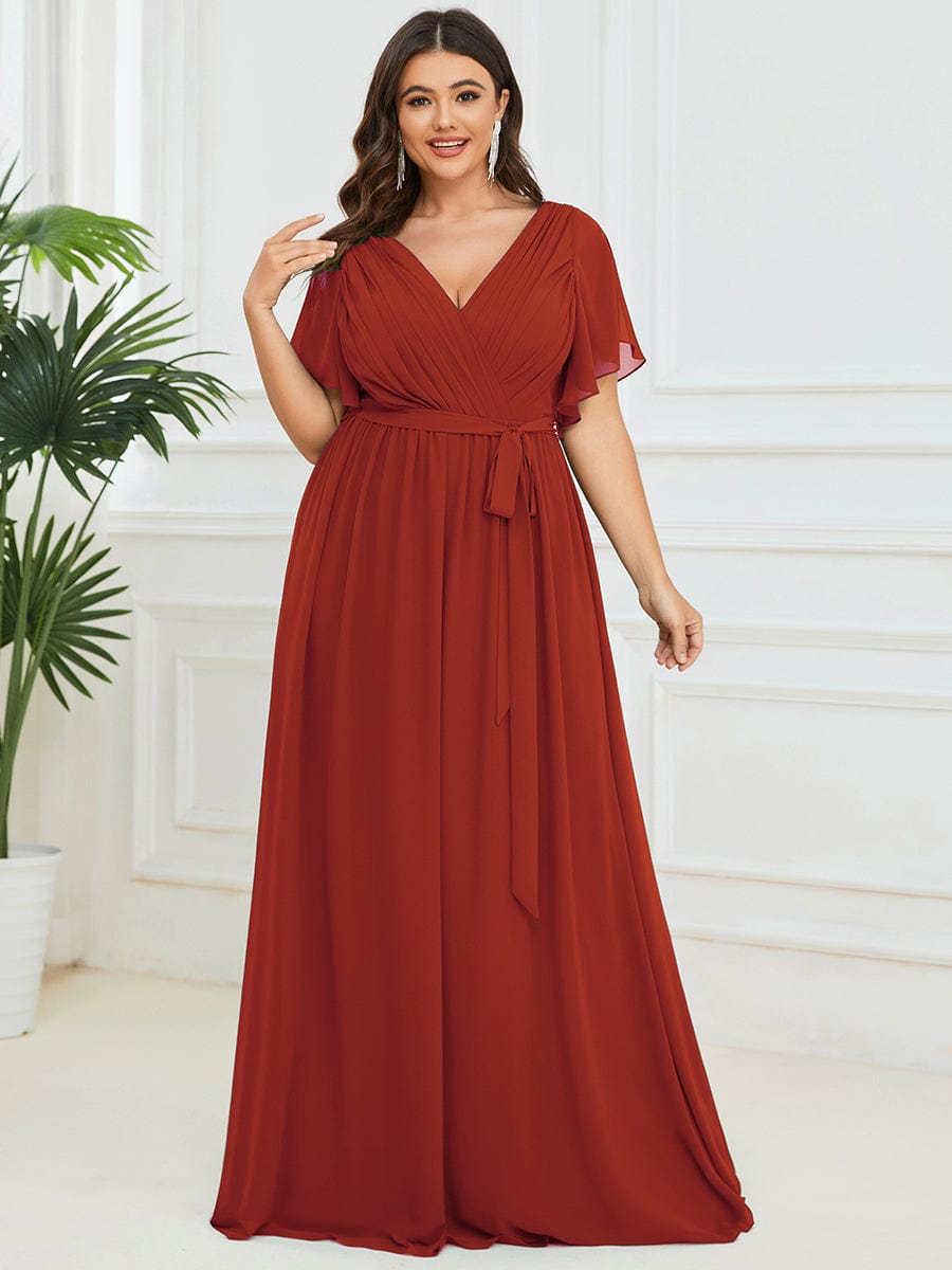 Custom Size V-Neck Flutter Sleeve Floor-Length A-Line Chiffon Evening Dress #color_Vermilion