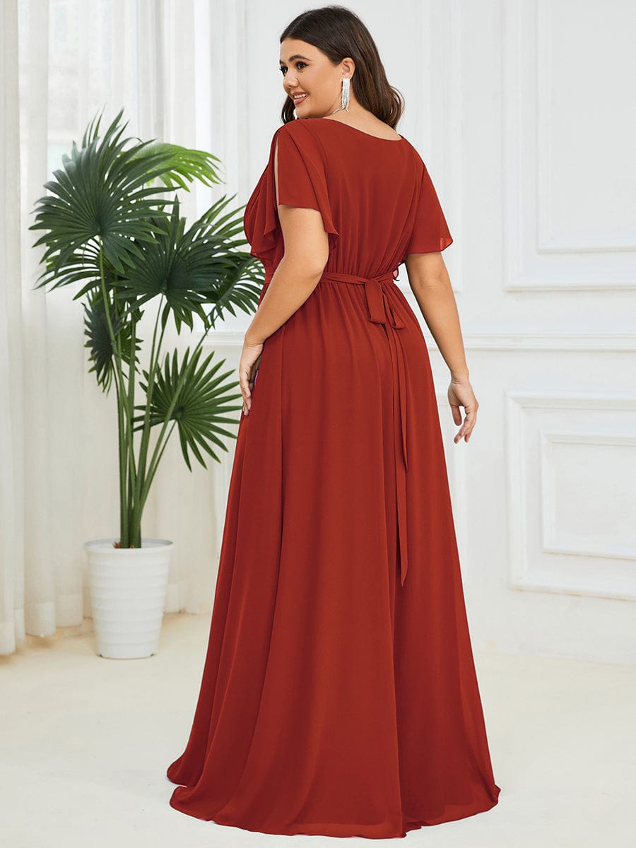 Custom Size V-Neck Flutter Sleeve Floor-Length A-Line Chiffon Evening Dress #color_Vermilion