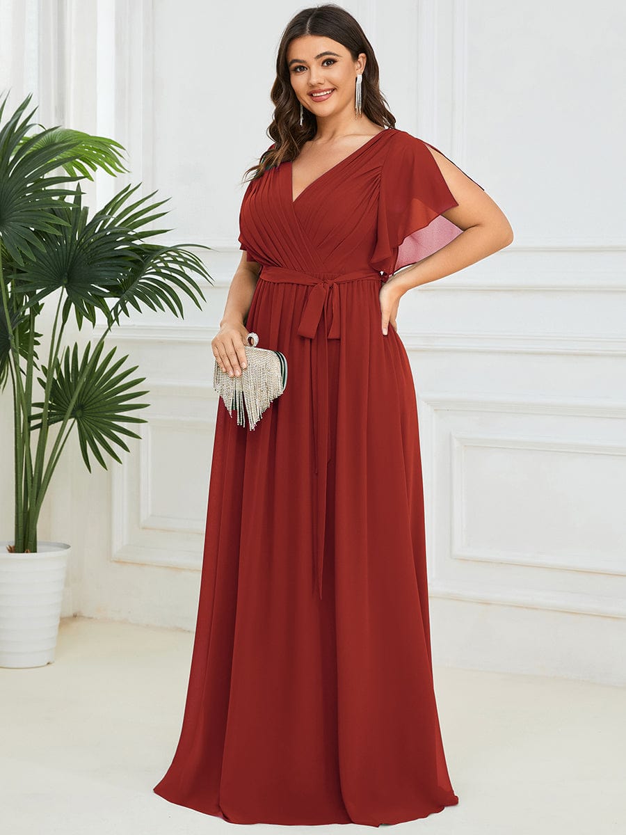 Custom Size V-Neck Flutter Sleeve Floor-Length A-Line Chiffon Evening Dress #color_Vermilion