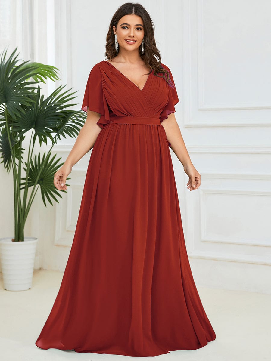 Custom Size V-Neck Flutter Sleeve Floor-Length A-Line Chiffon Evening Dress #color_Vermilion