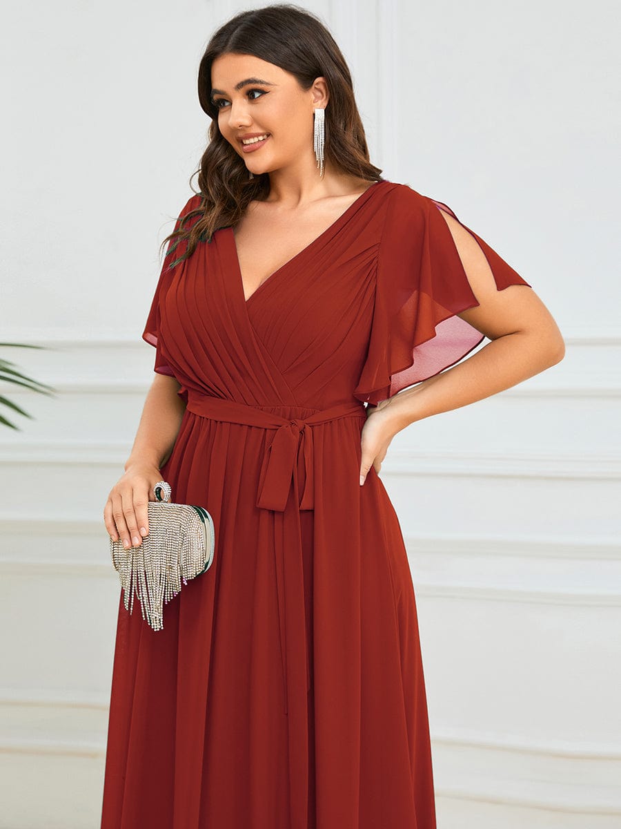 Custom Size V-Neck Flutter Sleeve Floor-Length A-Line Chiffon Evening Dress #color_Vermilion