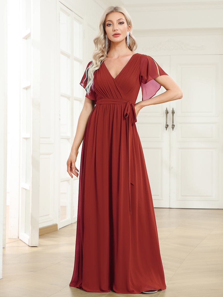 Custom Size V-Neck Flutter Sleeve Floor-Length A-Line Chiffon Evening Dress #color_Vermilion