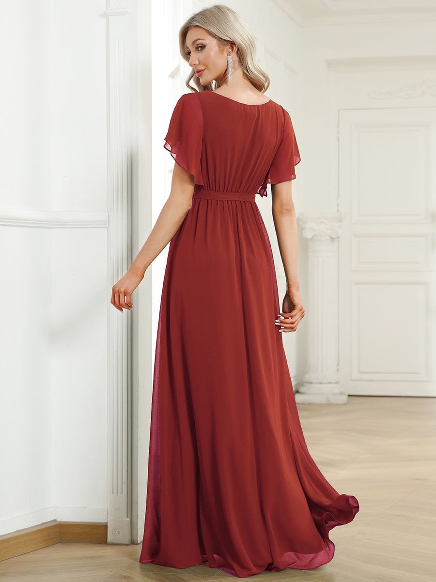 Custom Size V-Neck Flutter Sleeve Floor-Length A-Line Chiffon Evening Dress #color_Vermilion