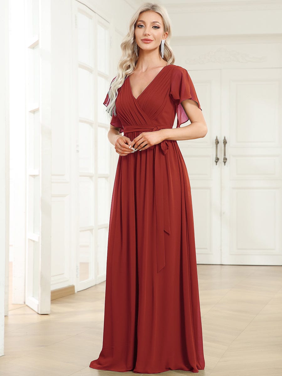 Custom Size V-Neck Flutter Sleeve Floor-Length A-Line Chiffon Evening Dress #color_Vermilion