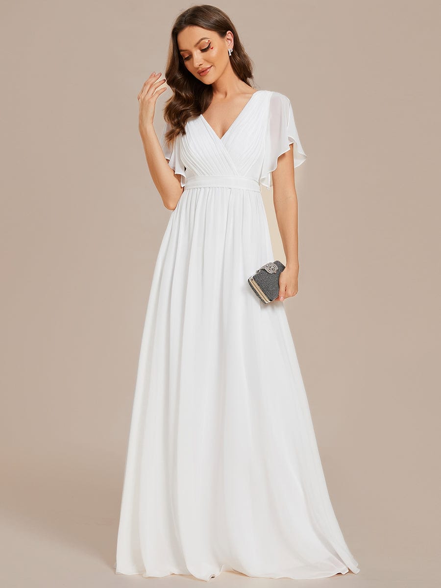 V-Neck Flutter Sleeve Floor-Length A-Line Chiffon Bridesmaid Dress #color_White