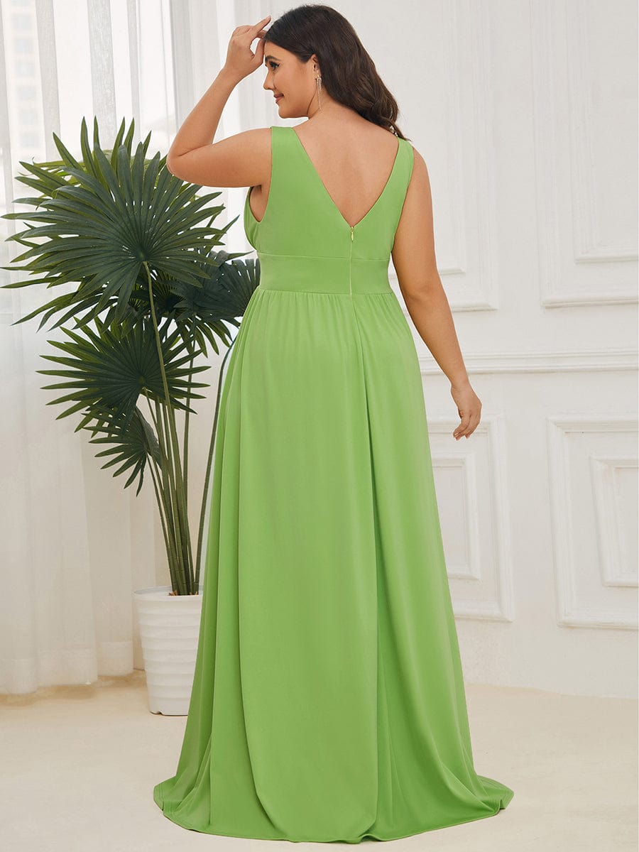 Stunning V-Neck Empire Waist Floor-Length Evening Dress with High Slit #color_Avocado Green