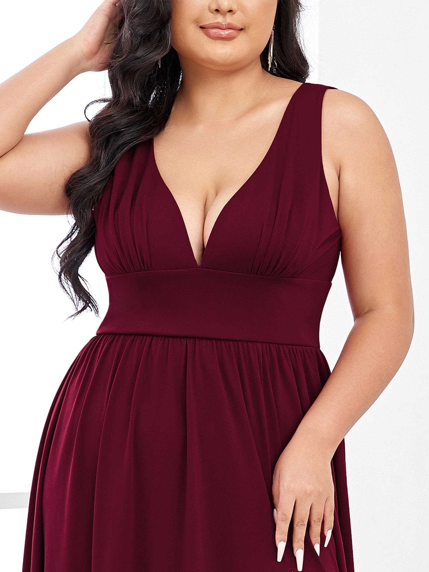 Plus Size Chiffon Lace Print Sleeveless Empire Waist V-Neck Evening Dress #color_Burgundy