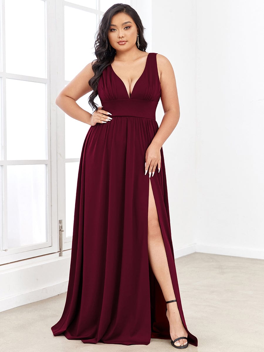 Plus Size Chiffon Lace Print Sleeveless Empire Waist V-Neck Evening Dress #color_Burgundy