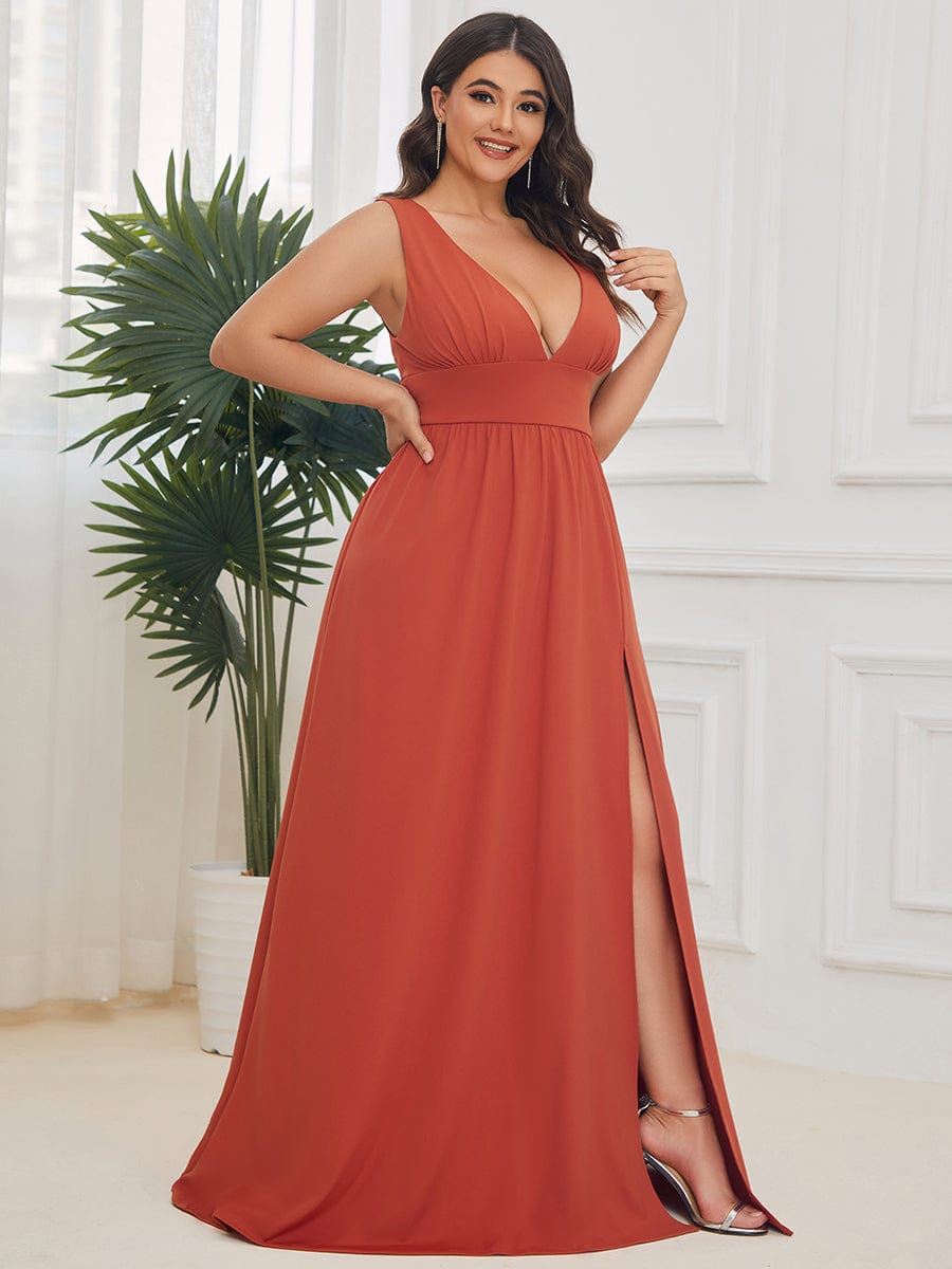 Stunning V-Neck Empire Waist Floor-Length Evening Dress with High Slit #color_Burnt Orange