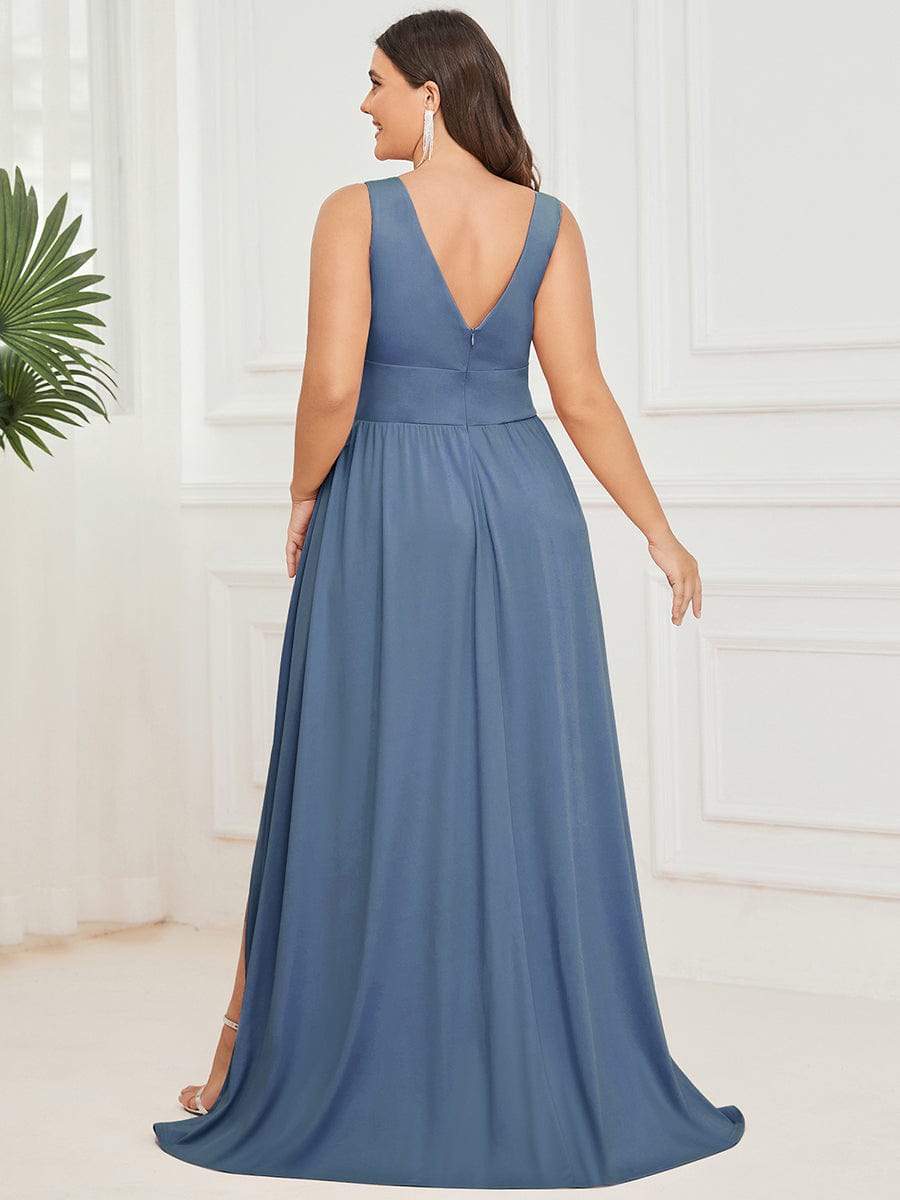 Stunning V-Neck Empire Waist Floor-Length Evening Dress with High Slit #color_Dusty Navy