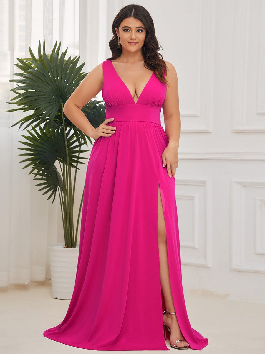Stunning V-Neck Empire Waist Floor-Length Evening Dress with High Slit #color_Hot Pink
