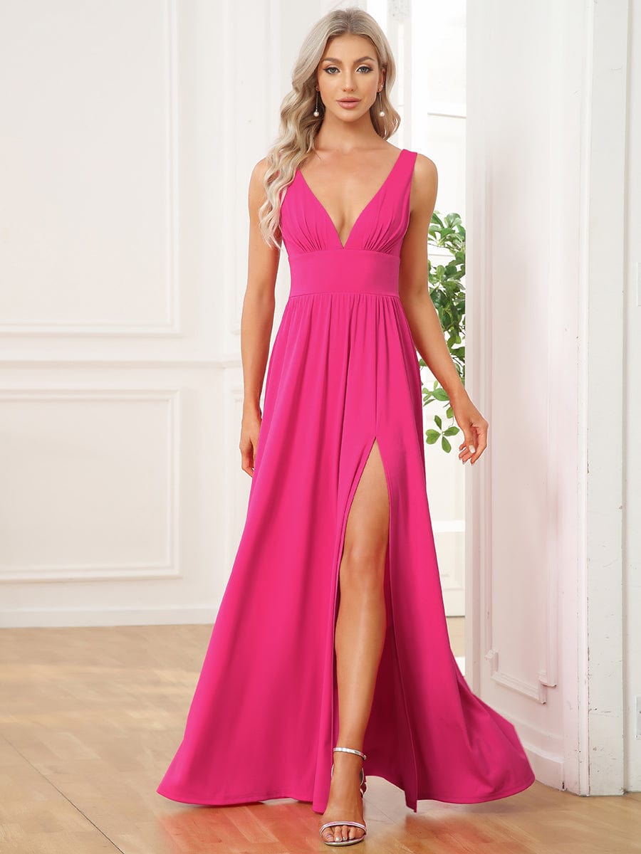 Stunning V-Neck Empire Waist Floor-Length Evening Dress with High Slit #color_Hot Pink