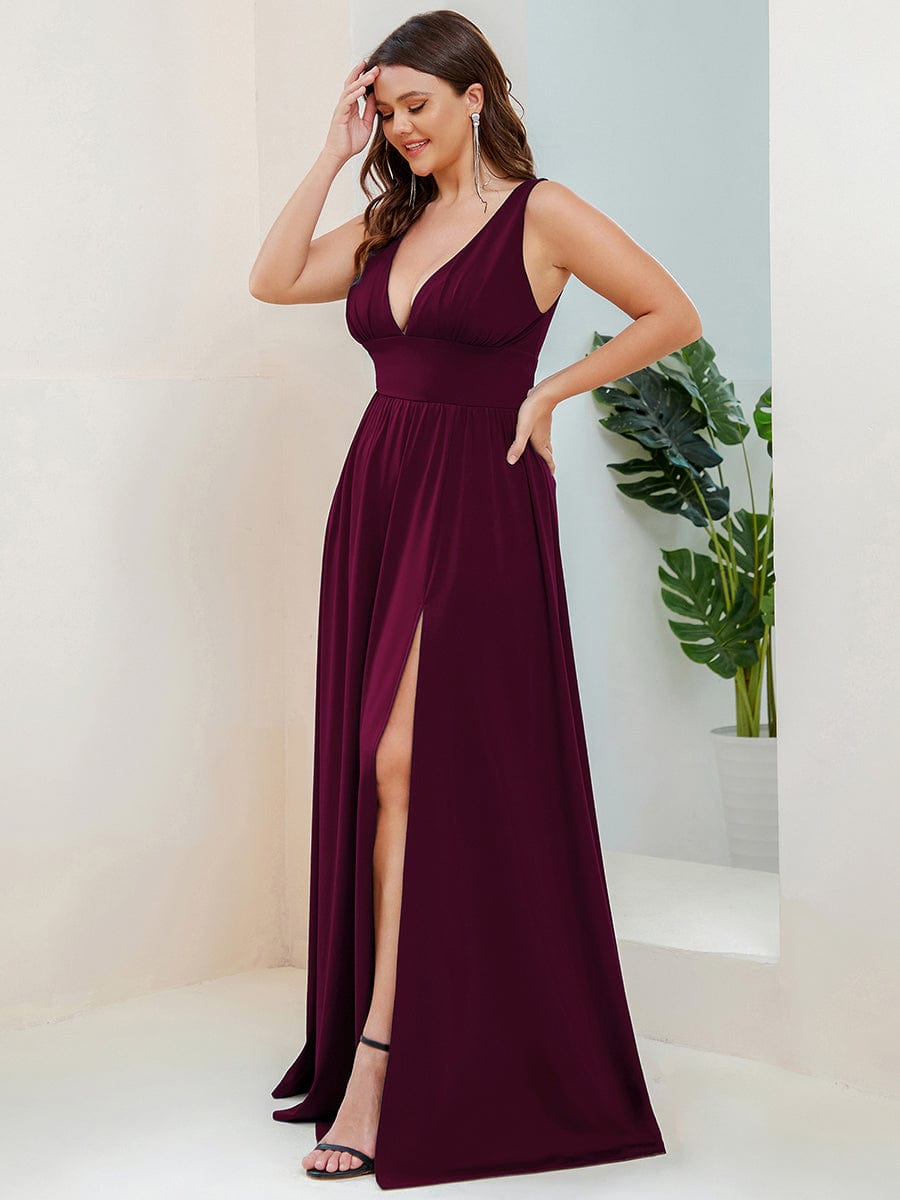 Plus Size Chiffon Lace Print Sleeveless Empire Waist V-Neck Evening Dress #color_Mulberry