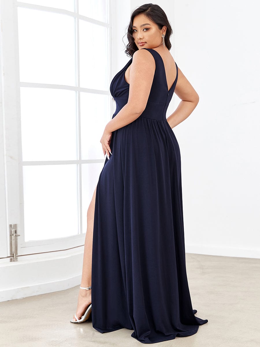 Stunning V-Neck Empire Waist Floor-Length Evening Dress with High Slit #color_Navy Blue