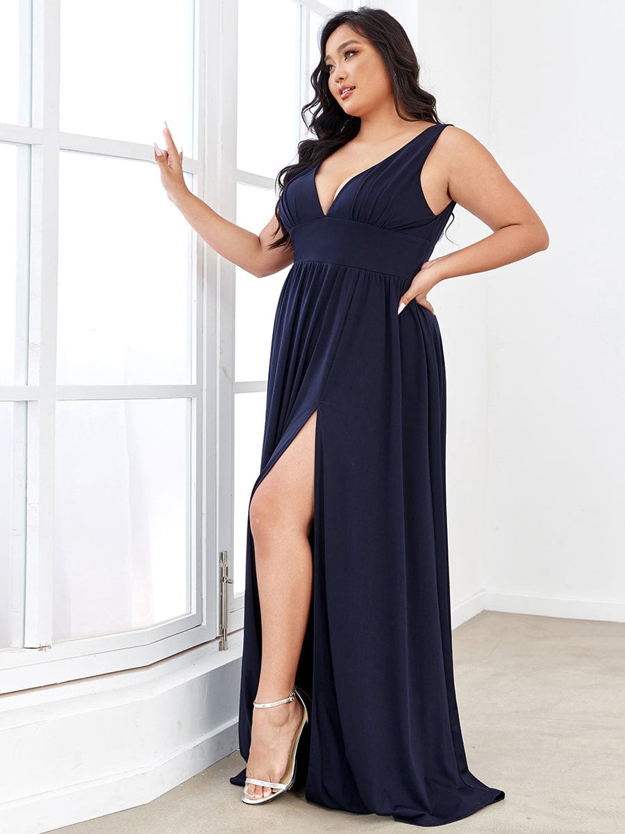 Plus Size Chiffon Lace Print Sleeveless Empire Waist V-Neck Evening Dress #color_Navy Blue