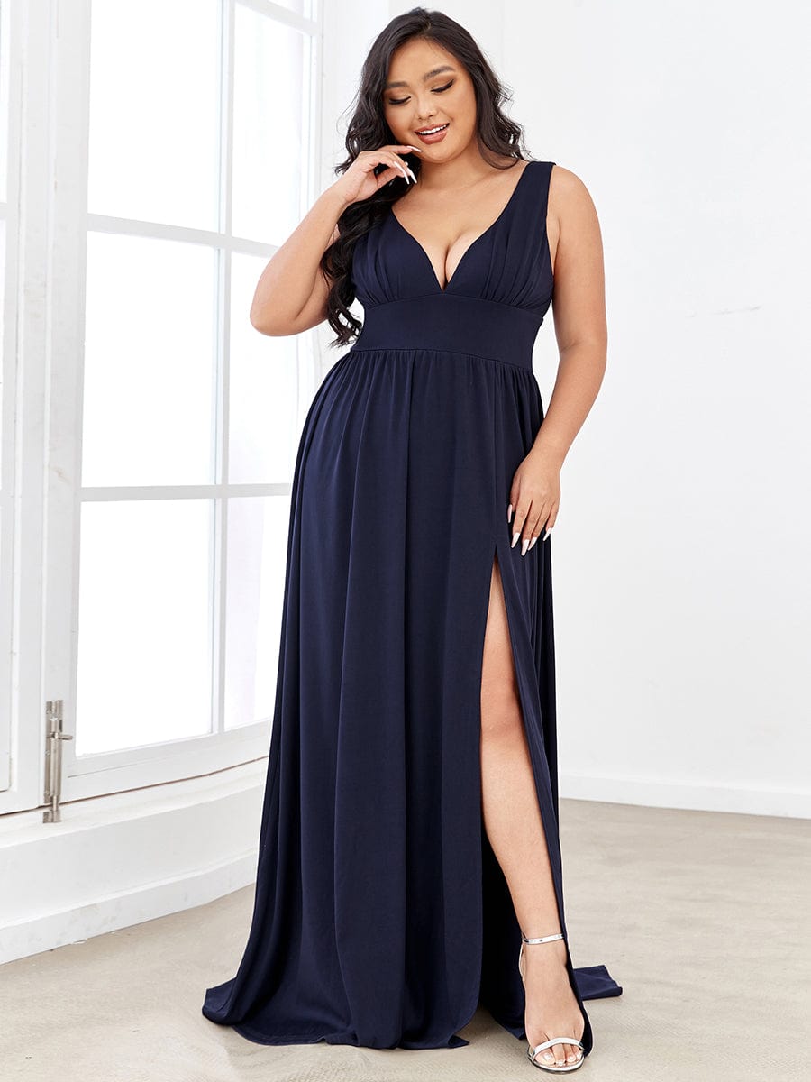 Stunning V-Neck Empire Waist Floor-Length Evening Dress with High Slit #color_Navy Blue