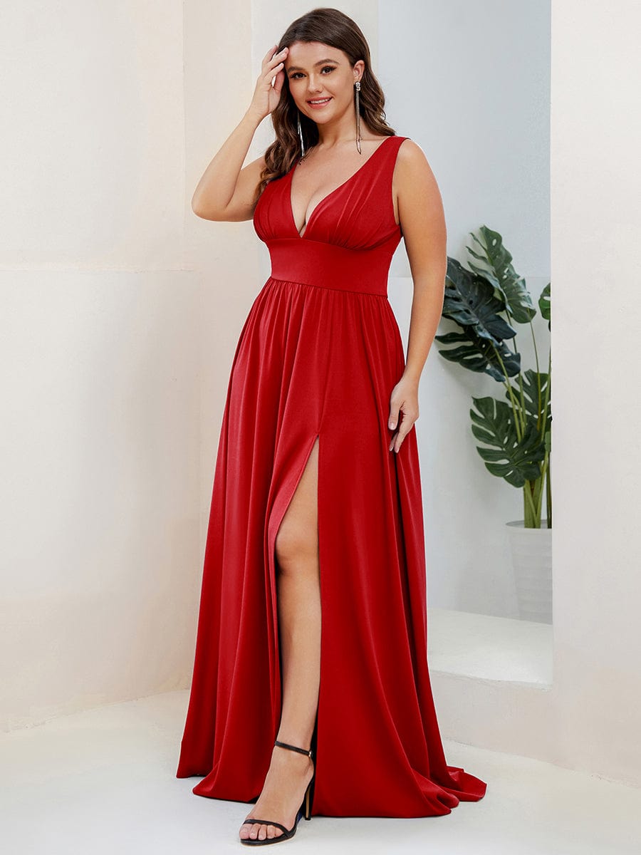 Plus Size Chiffon Lace Print Sleeveless Empire Waist V-Neck Evening Dress #color_Red